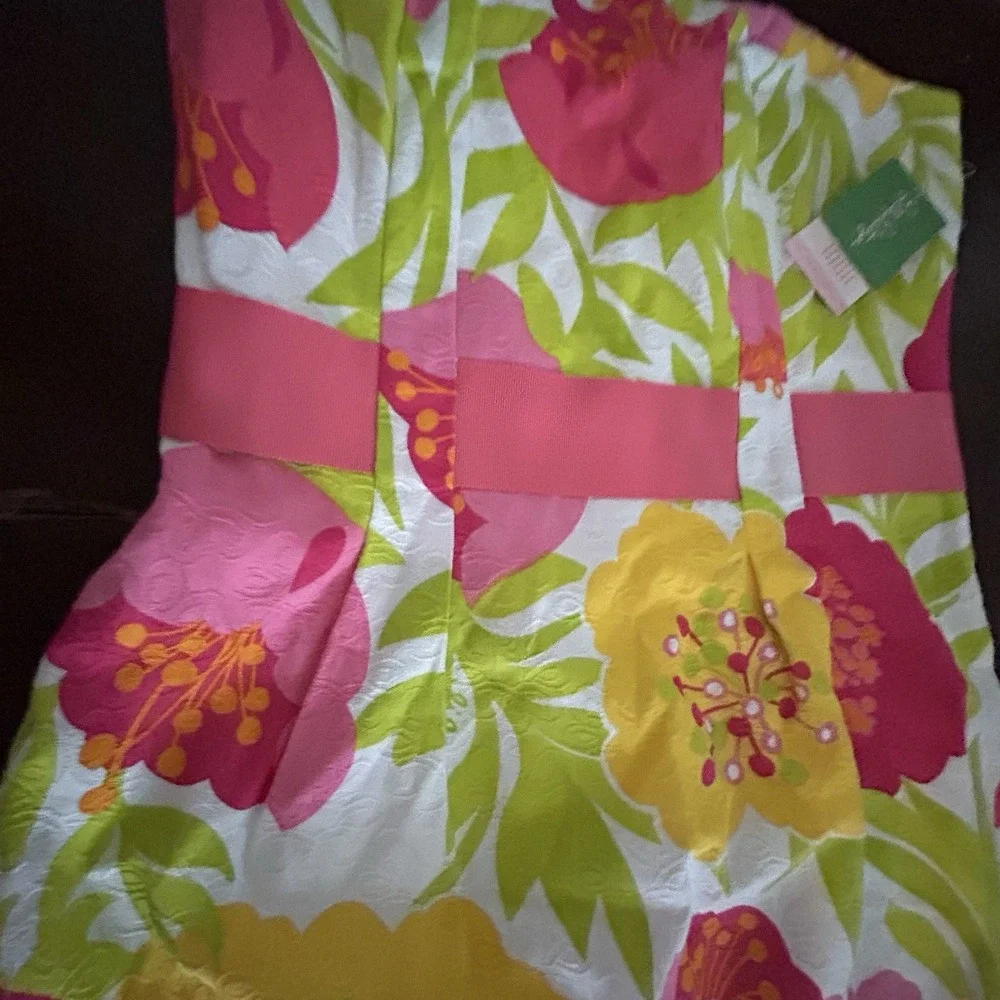 Lilly Pulitzer Dress 6 Vanessa Floral Print Cotton Strapless Pink Green Yellow - Picture 3 of 13